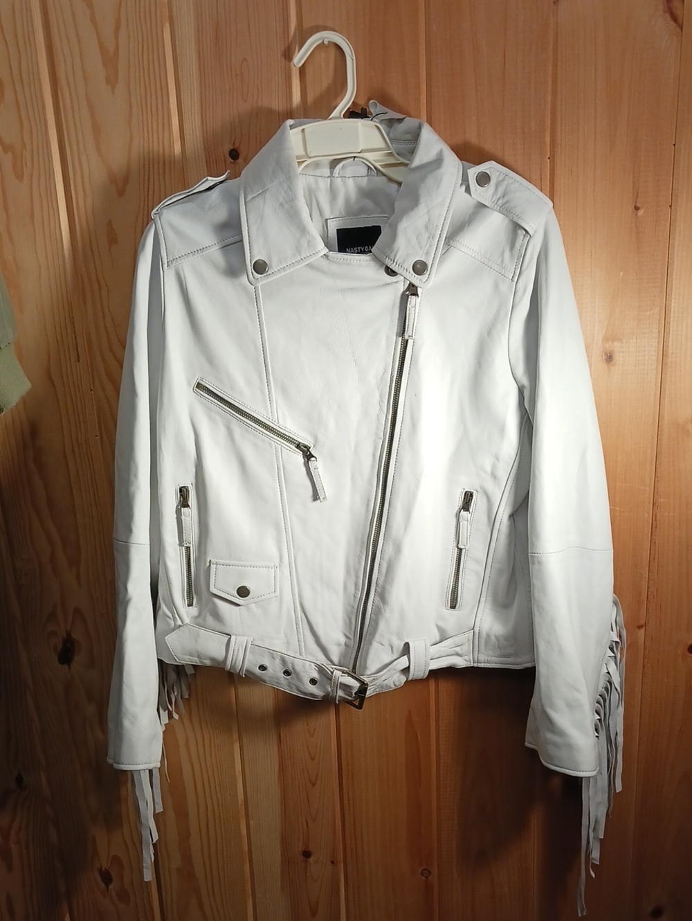 Nasty Gal White Leather Fringed Moto Jacket "Hitched" NWT